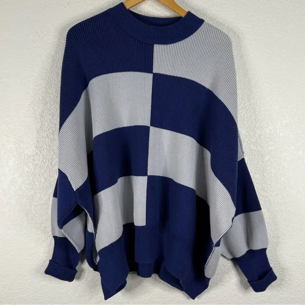 NWT Free People Easy Street Checkered Tunic Sweater in Blue Bohemian Oversized